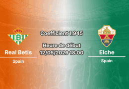 Pronostic Real Betis Elche La Liga journée 36 à l'Estadio Olímpico de La Cartuja 12 mai 2026 — analyse cotes 1xBet Côte d'Ivoire