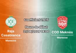 Pronostic Raja Casablanca COD Meknès – Stade Larbi Zaouli Casablanca, Botola Pro 21 juin 2026