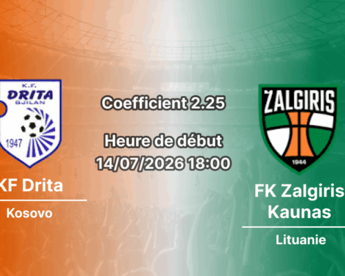 Pronostic KF Drita Zalgiris Kaunas – Stade Fadil Vokrri Pristina, Ligue des champions UEFA 2026-27, 14 juillet 2026