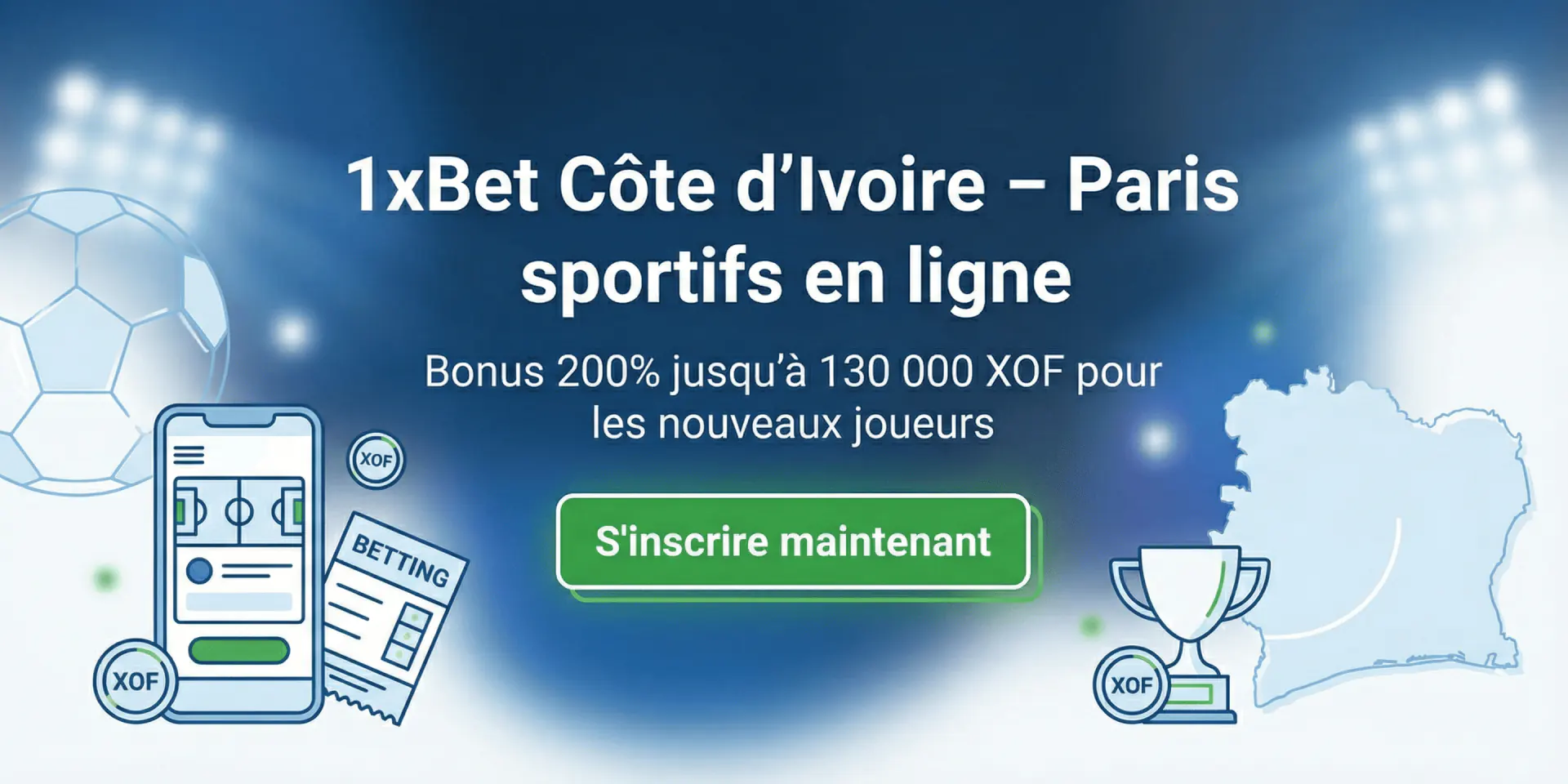 Bannière 1xBet Côte d’Ivoire pour les paris sportifs en ligne avec téléphone affichant un terrain de football, ticket de pari, carte de la Côte d’Ivoire et mention du bonus 200 % jusqu’à 130 000 XOF