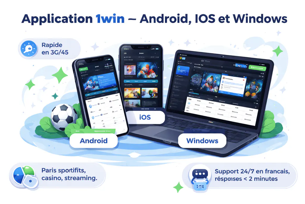 Image présentant l’application 1win sur Android, iOS et Windows avec mentions Rapide en 3G/4G, Paris sportifs, casino, streaming et bulle de chat Support 24/7 en français avec Bot Telegram