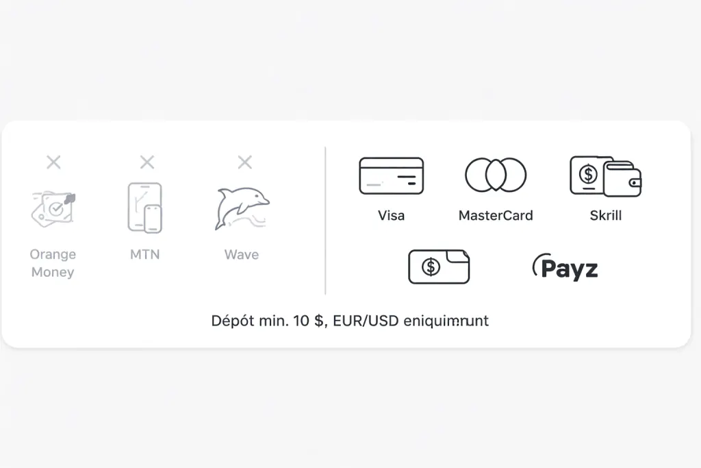 Bannière des méthodes de paiement Betway montrant les icônes grisées Orange Money, MTN et Wave barrées à gauche et les icônes Visa, MasterCard, Skrill et Payz à droite avec légende dépôt minimum 10 dollars en EUR ou USD uniquement