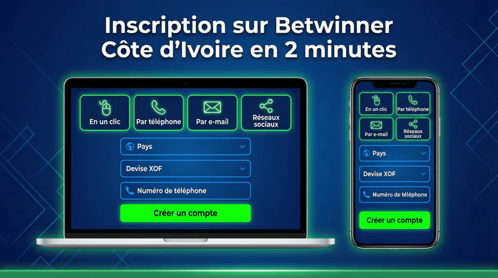 Illustration des quatre méthodes d’inscription sur Betwinner Côte d’Ivoire : en un clic, par téléphone, par e-mail et via les réseaux sociaux sur ordinateur et mobile