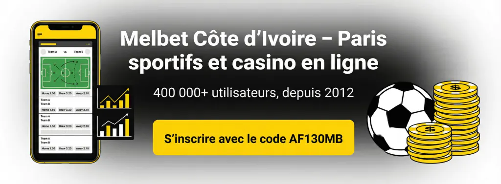 Bannière Melbet Côte d’Ivoire en noir et jaune avec smartphone de paris sportifs, texte Paris sportifs et casino en ligne, 400 000+ utilisateurs depuis 2012 et bouton S’inscrire avec le code AF130MB