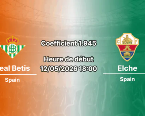 Pronostic Real Betis Elche La Liga journée 36 à l'Estadio Olímpico de La Cartuja 12 mai 2026 — analyse cotes 1xBet Côte d'Ivoire