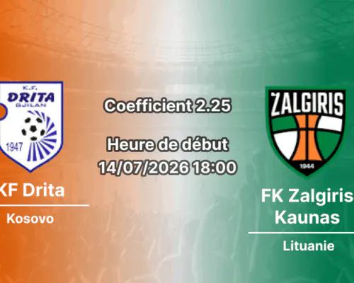 Pronostic KF Drita Zalgiris Kaunas – Stade Fadil Vokrri Pristina, Ligue des champions UEFA 2026-27, 14 juillet 2026