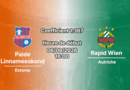 Pronostic Paide Linnameeskond Rapid Wien – A. Le Coq Arena, Tallinn, Ligue Conférence UEFA 3e tour de qualification match aller 6 août 2026